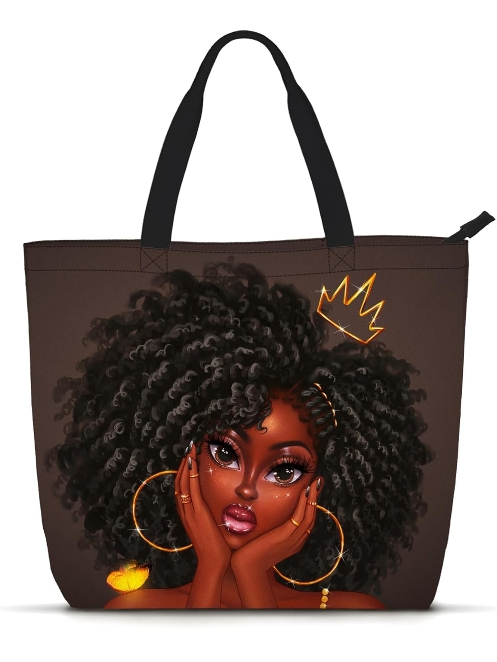 Brown Afro Graphic Tote Bag with Crown Illustration